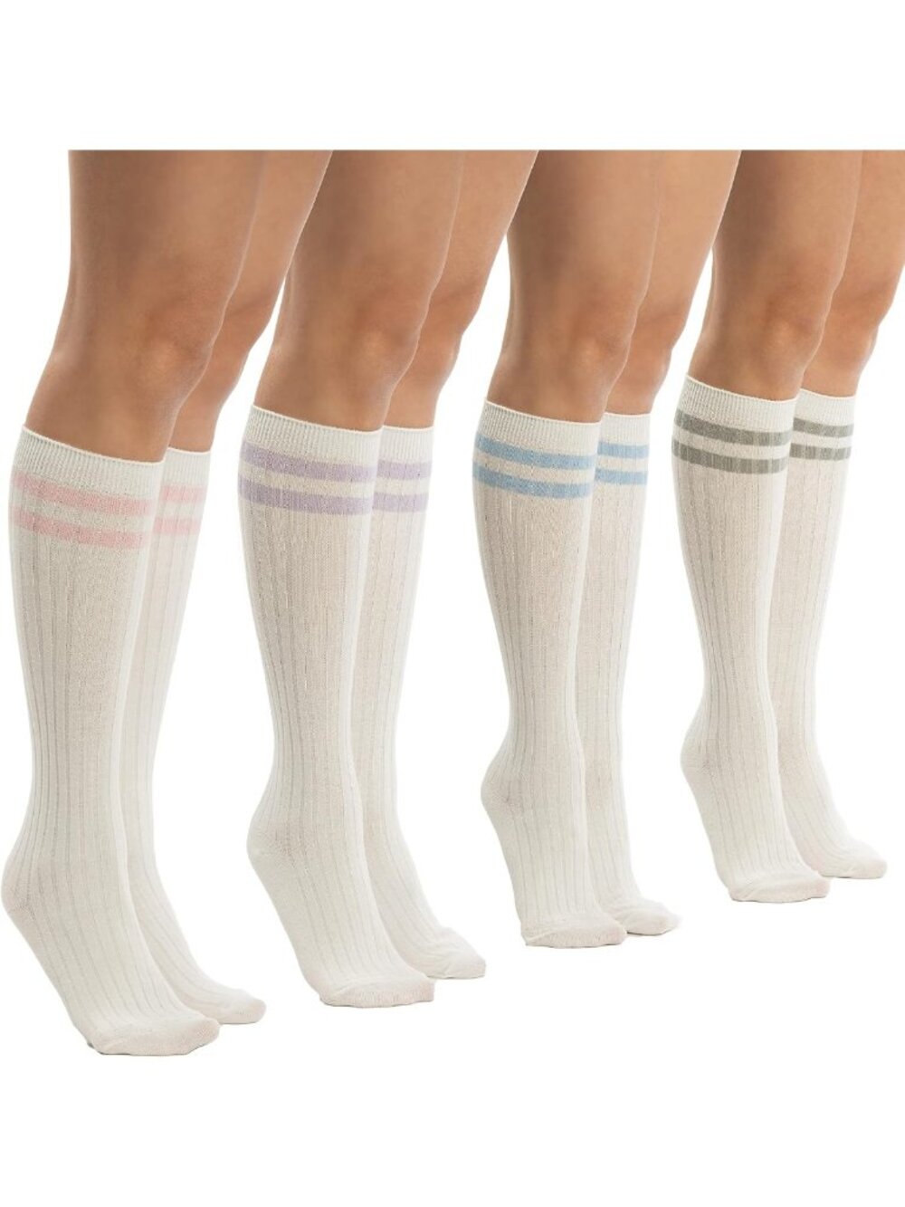 Striped Cotton Knee High Socks for Women | 4 Pairs Tube Socks | White & Colorful